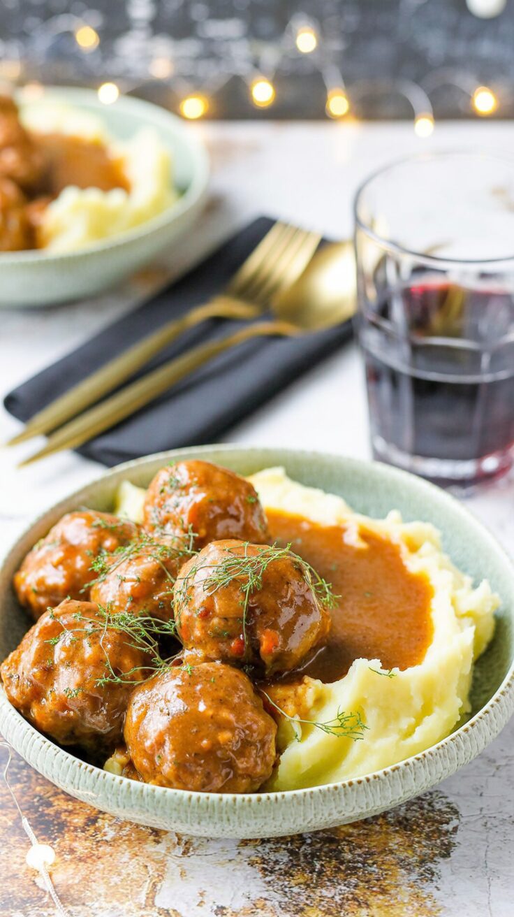 The red wine braised meatballs are cooked in a rich red wine gravy that enhances their delicious flavor and tenderness.
