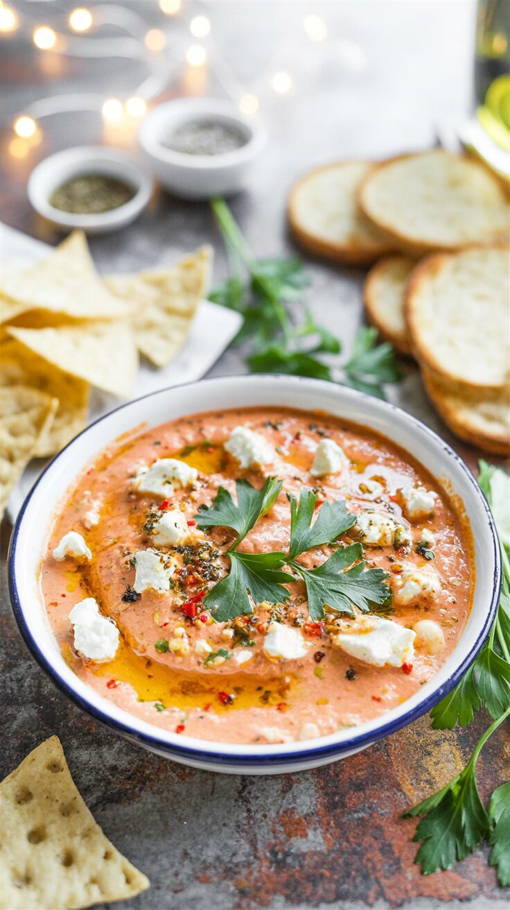 This roasted red pepper feta dip is a flavorful spread that combines the sweetness of roasted red peppers with the tanginess of feta cheese.