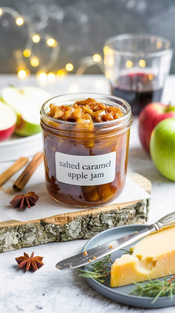 This salted caramel apple jam is a delightful and delicious spread for cheese e.g. that combines the flavors of sweet apples and rich caramel
