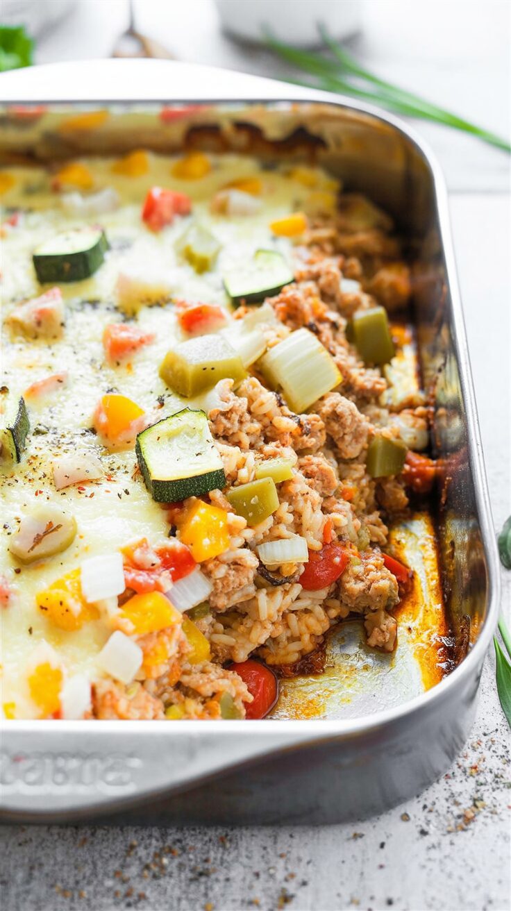 This ground turkey casserole recipe combines lean turkey, colorful vegetables, and a cheesy topping for a satisfying and delicious meal.