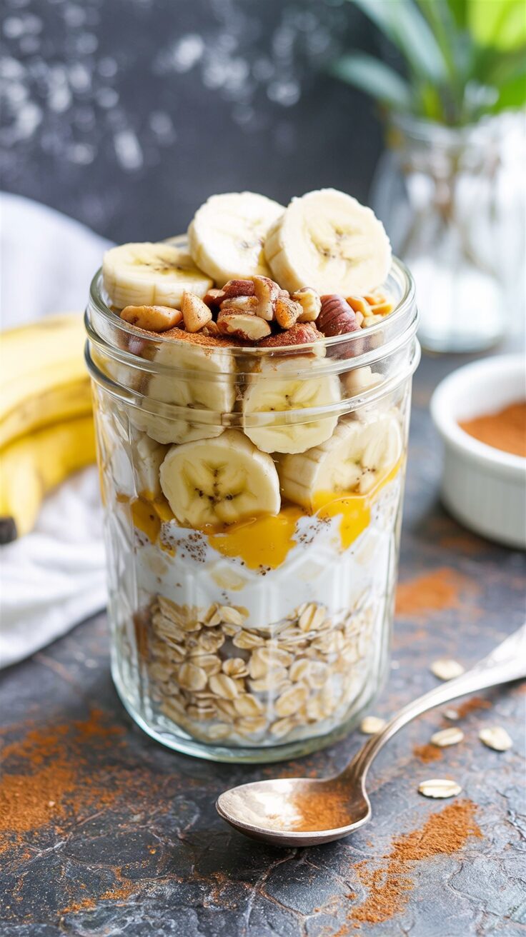 Banana Bread Overnight Oats are a convenient breakfast option that combines the flavors of banana bread with the ease of overnight oats.