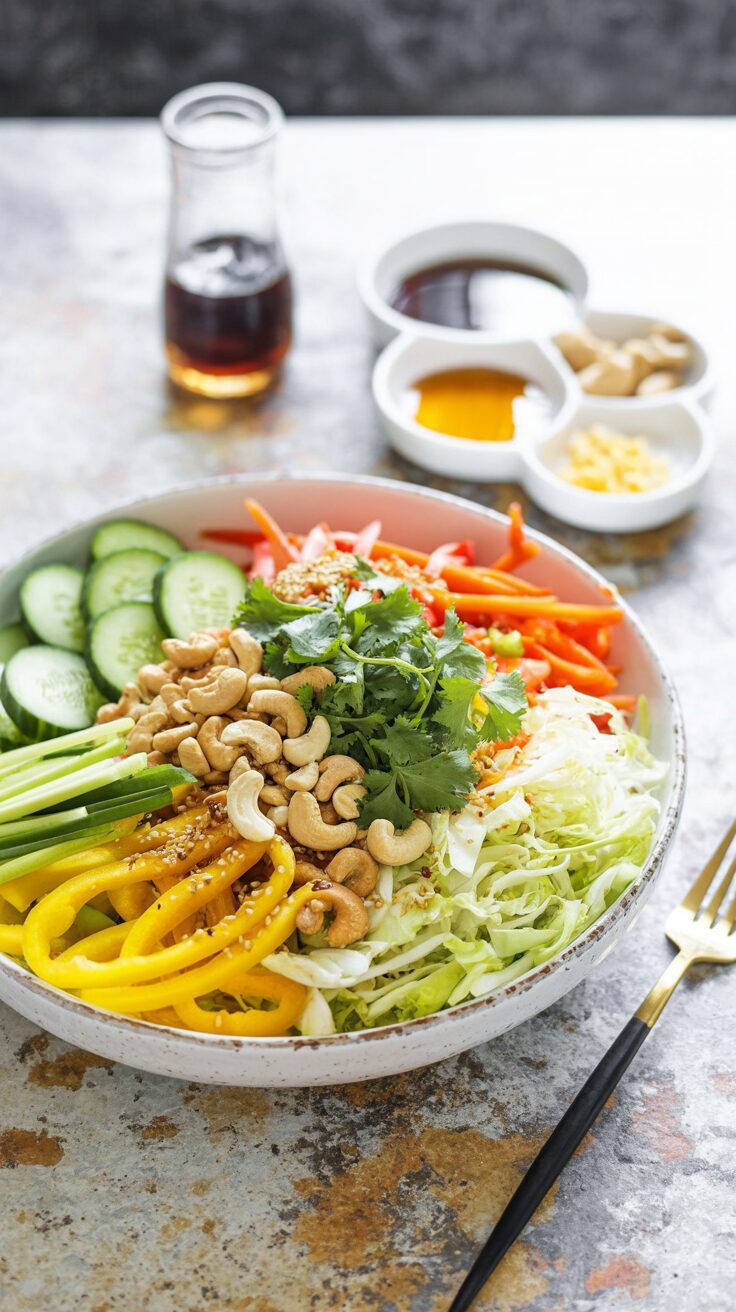 This vibrant deconstructed spring roll salad combines fresh vegetables and herbs, making it a perfect light delicious meal or side dish.