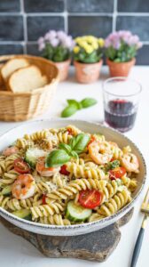 This cold shrimp pesto pasta salad is a refreshing, delicious and flavorful dish perfect for warm weather, combining pasta, pesto and shrimp.