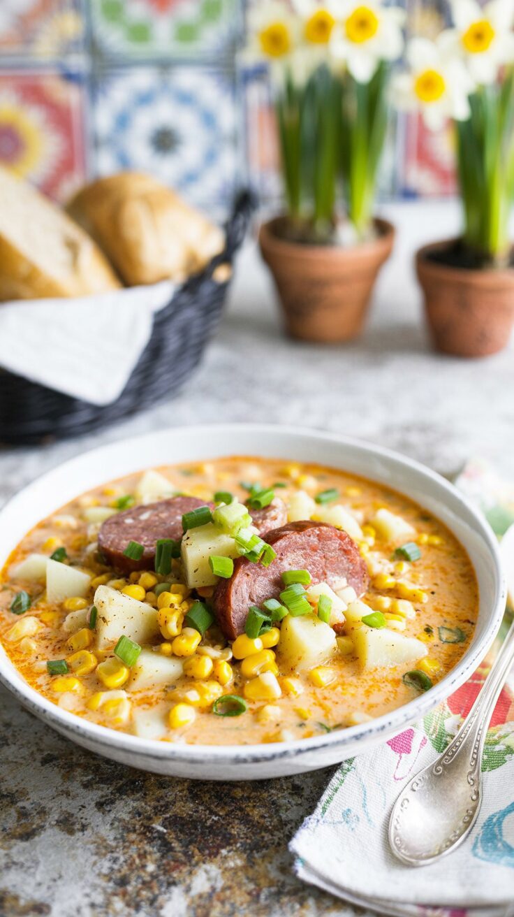 This spicy sausage corn chowder recipe combines the rich and delicious flavors of smoked sausage with sweet corn and creamy potatoes.