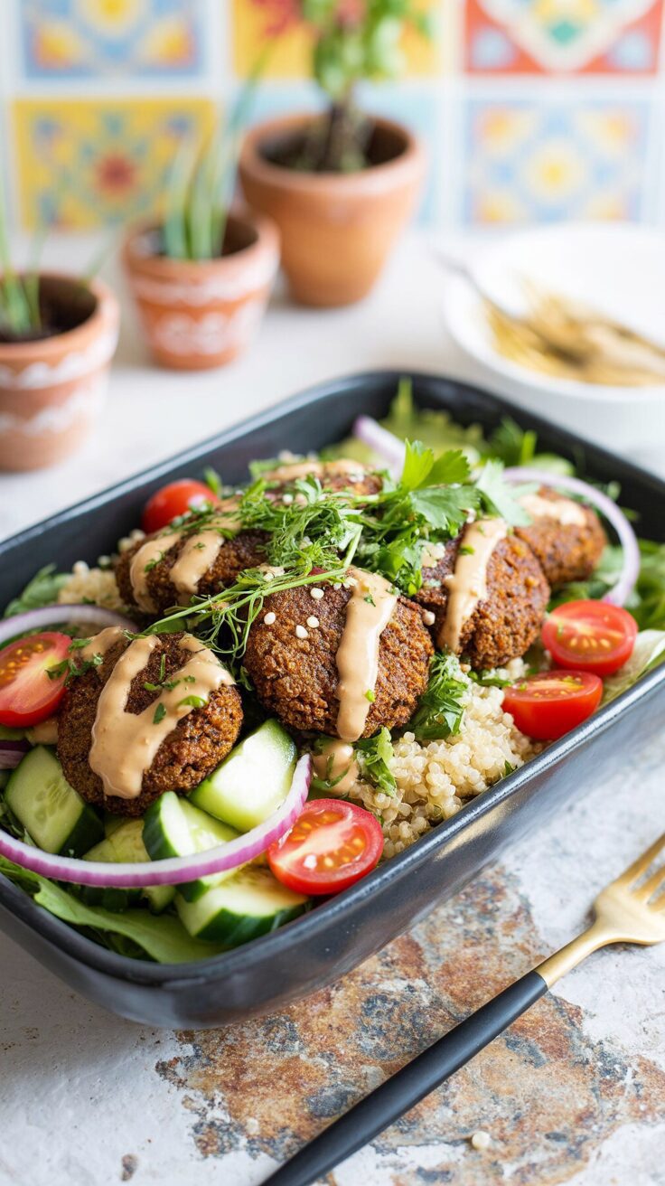 A healthy falafel bowl is a nutritious and satisfying meal option that combines crispy falafel with fresh vegetables and grains.