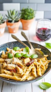 This sun-dried tomato chicken pesto pasta is a dish that combines tender chicken and flavorful sun-dried tomatoes in a creamy pesto sauce.