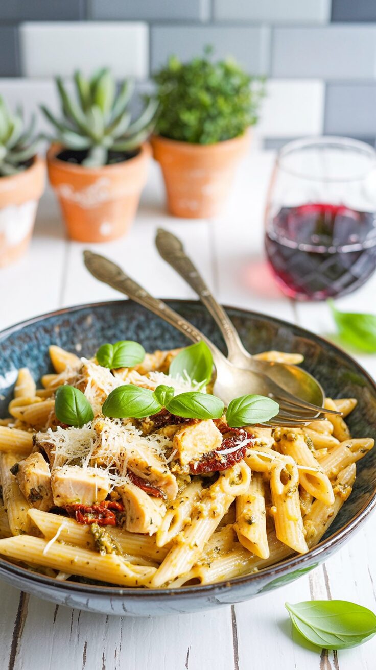 This sun-dried tomato chicken pesto pasta is a dish that combines tender chicken and flavorful sun-dried tomatoes in a creamy pesto sauce.