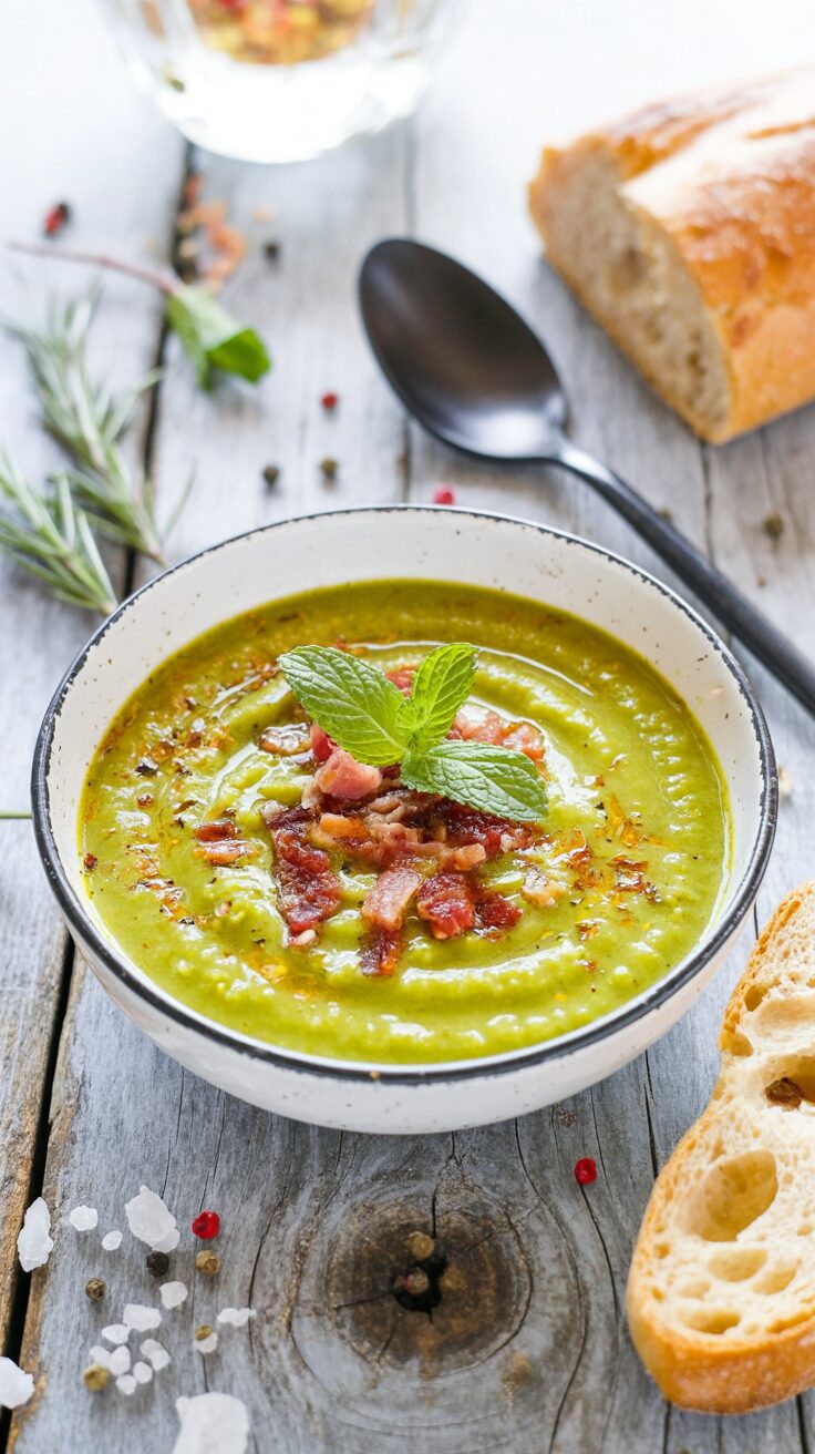 This fresh pea soup is a delightful, warming and vibrant dish, made of fresh green peas that highlights the sweet flavor of healthy peas.