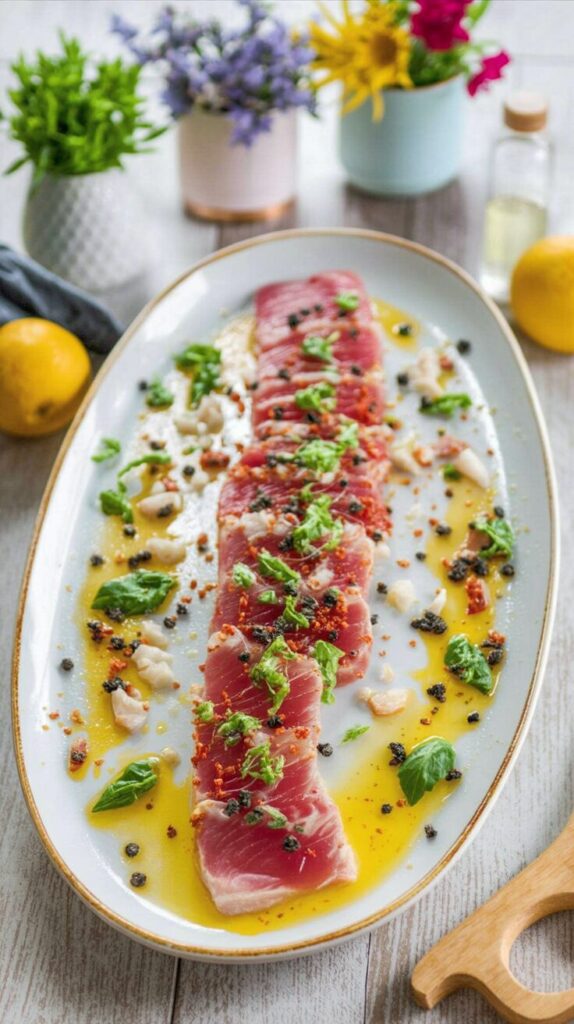 Sicilian tuna crudo is a fresh and vibrant dish that highlights the quality of yellowfin tuna and makes a colorful and delicious starter.