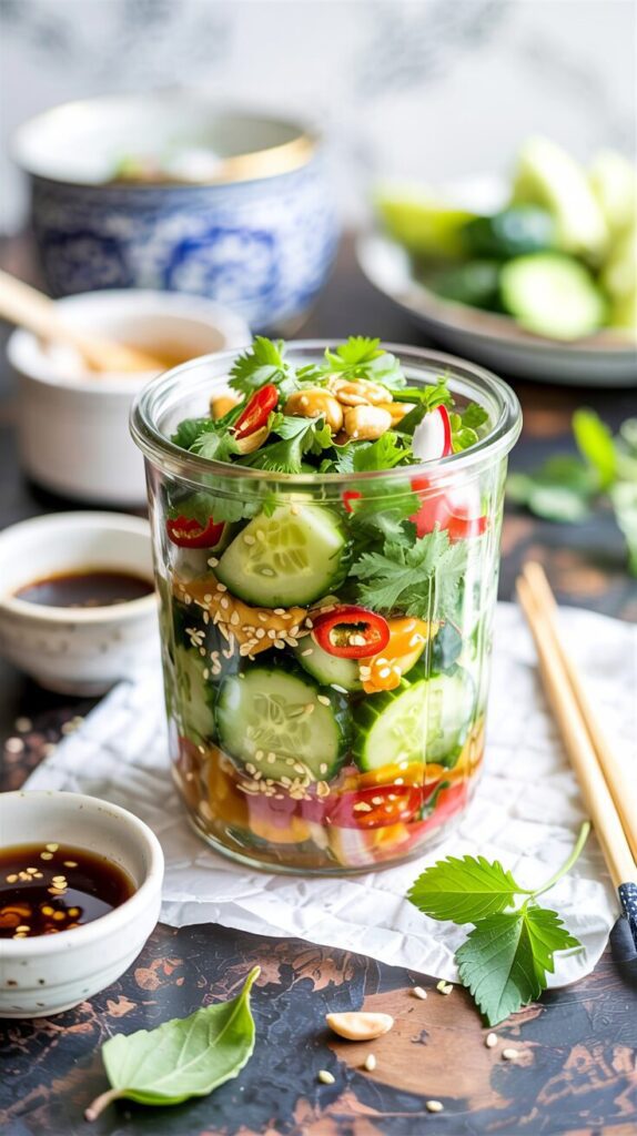 This Asian cucumber salad in a jar is a refreshing and healthy and delicious dish that combines crisp cucumbers with a tangy dressing.
