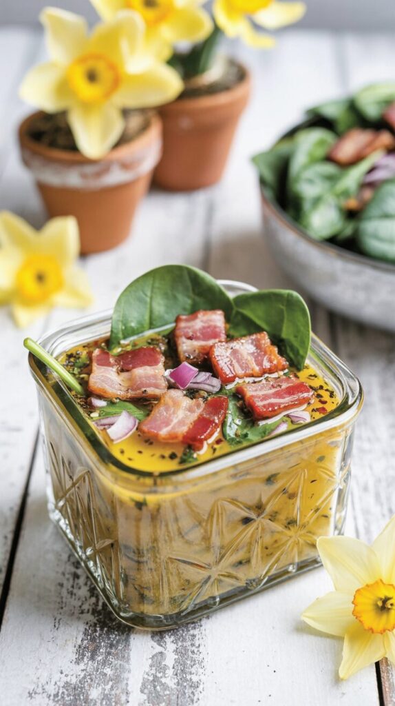 This hot bacon spinach salad dressing recipe is a delightful and delicious combination of crispy bacon, tangy vinegar, and savory seasonings.