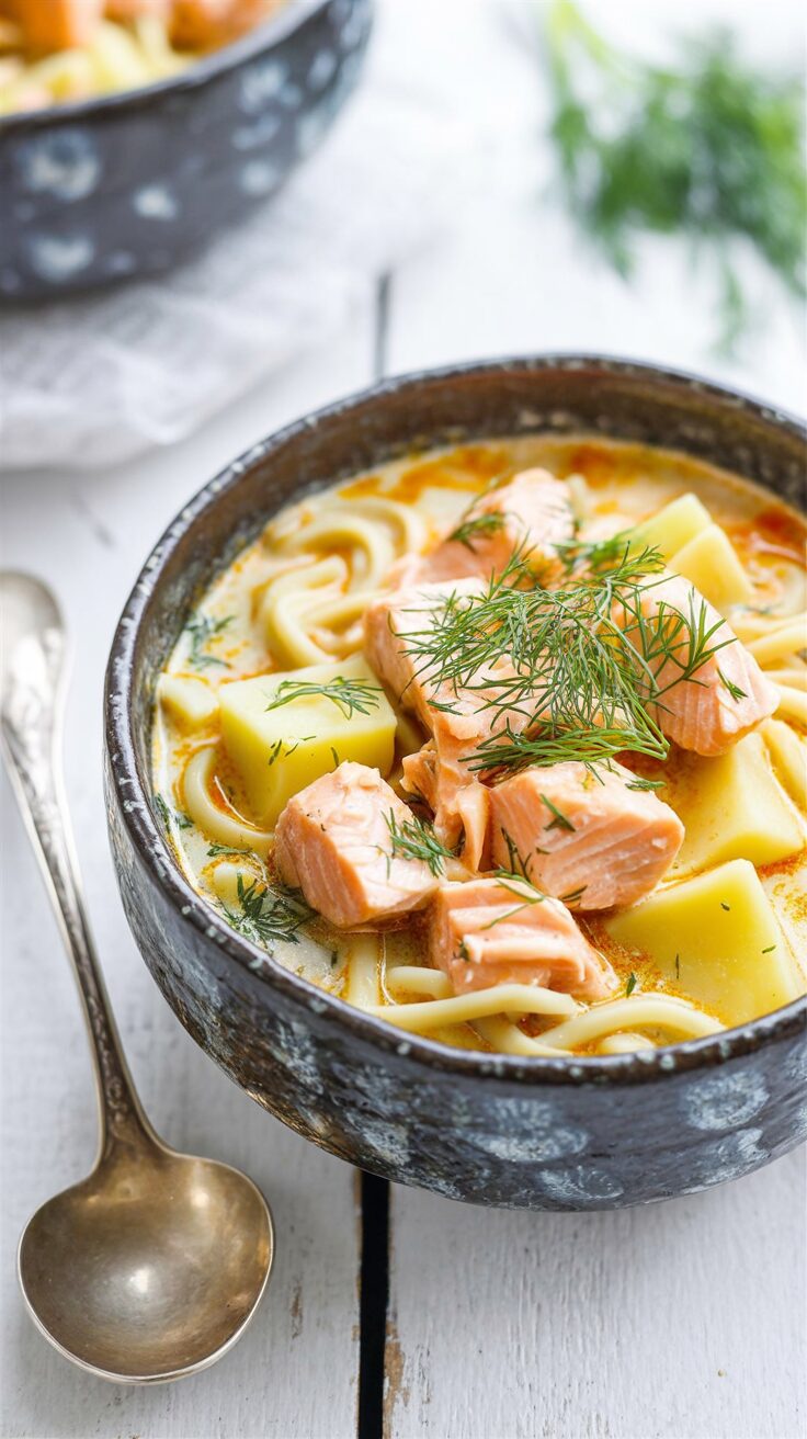 This creamy salmon soup with dill is a comforting dish that combines the delicious and tender salmon with fresh dill for a delightful flavor.