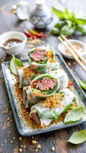 These Thai basil beef rolls are a delicious and fresh dish that combines tender beef with aromatic Thai basil, wrapped in rice paper.