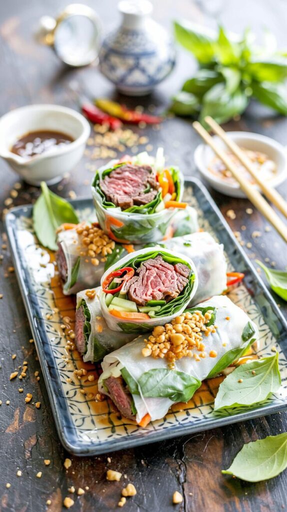 These Thai basil beef rolls are a delicious and fresh dish that combines tender beef with aromatic Thai basil, wrapped in rice paper.