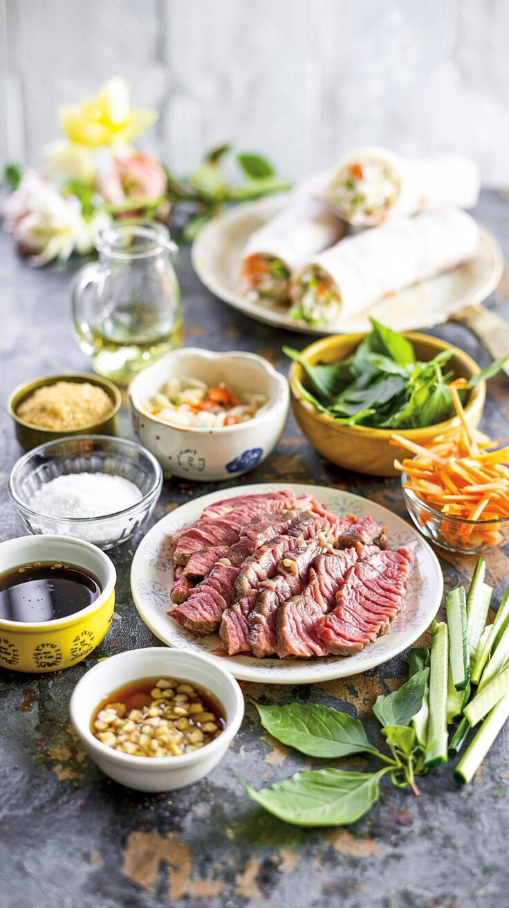 These Thai basil beef rolls are a delicious and fresh dish that combines tender beef with aromatic Thai basil, wrapped in rice paper.
