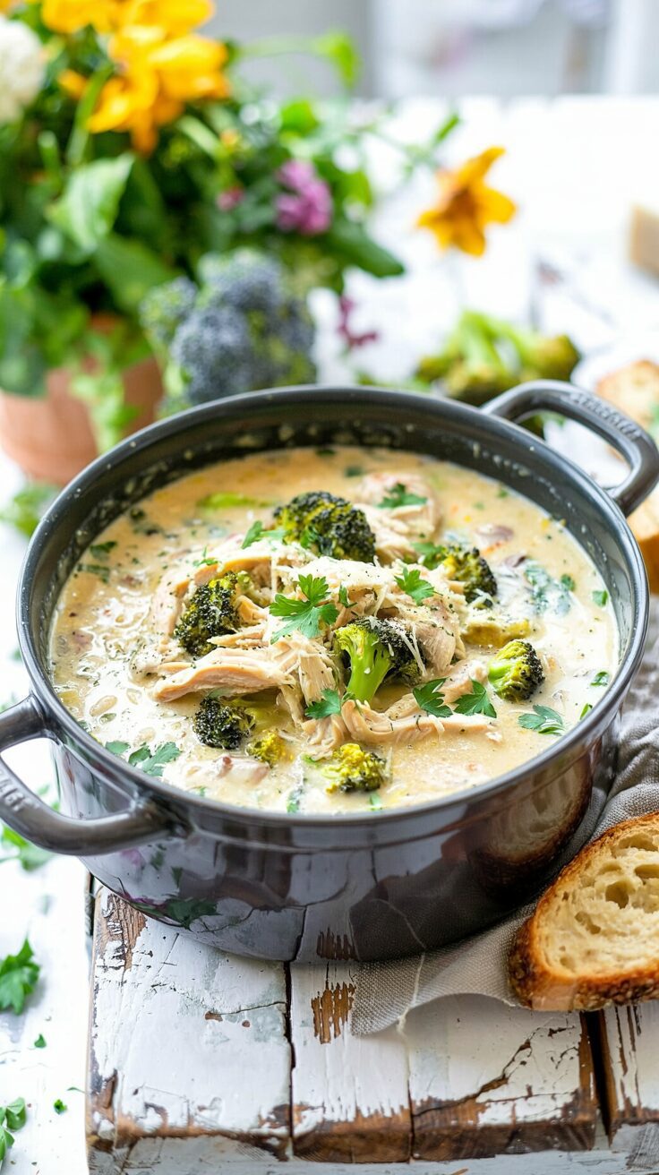 This creamy chicken alfredo soup with broccoli combines the rich flavors of traditional chicken alfredo with the comforting warmth of soup.