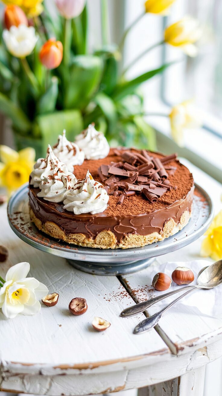 This decadent hazelnut chocolate dessert combines smooth chocolate mousse with a rich hazelnut flavor, making it perfect for special occasions.