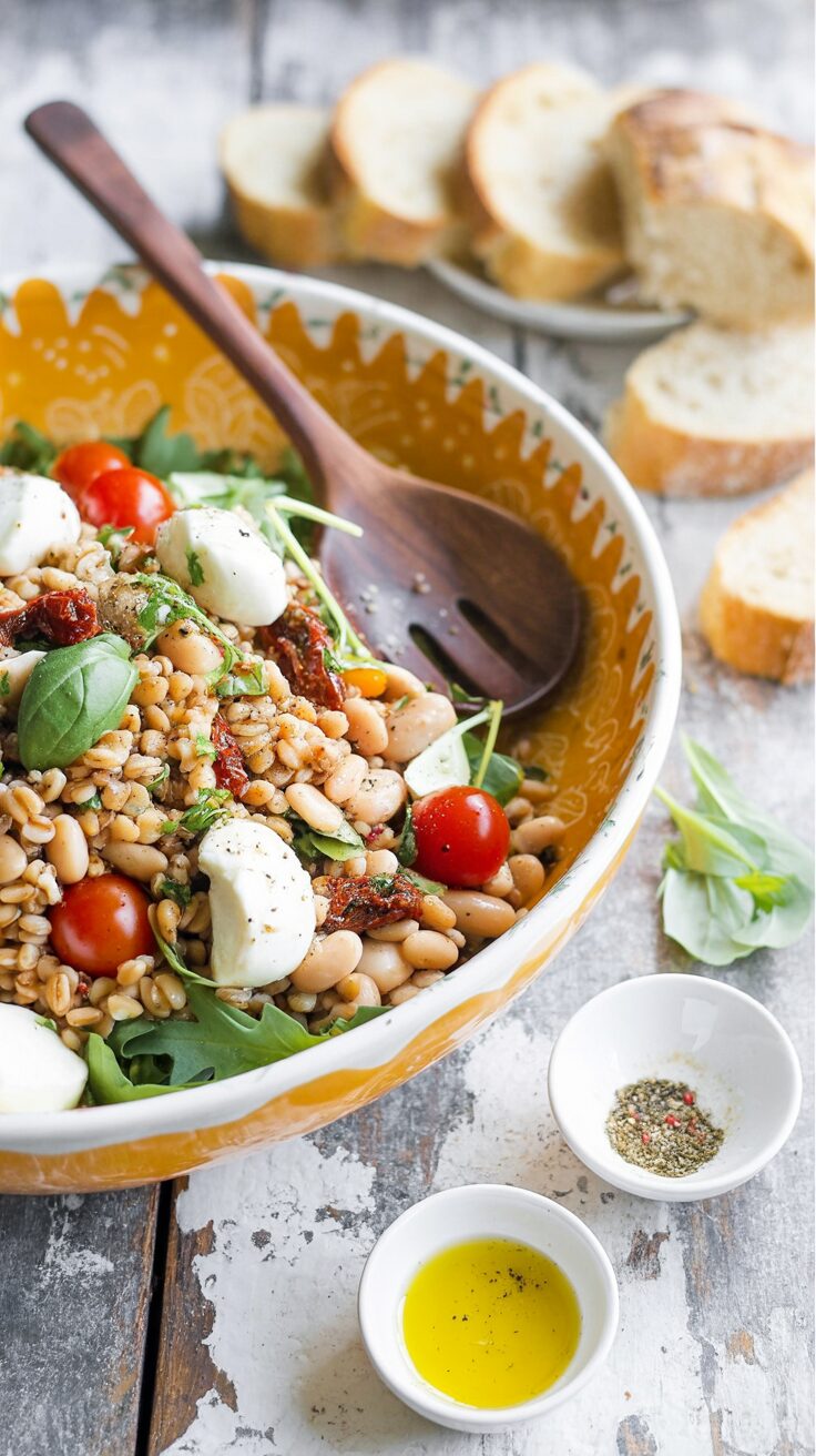 This Mediterranean farro salad is a flavorful dish that combines farro with cannellini beans, mozzarella, arugula, and sun-dried tomatoes.