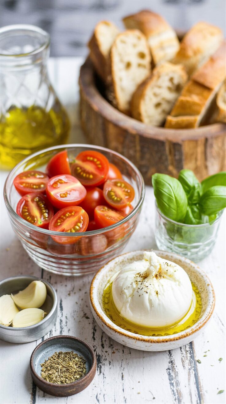 This roasted tomato and burrata dish is a delightful appetizer that showcases the rich flavors of slow roasted tomatoes and burrata cheese.