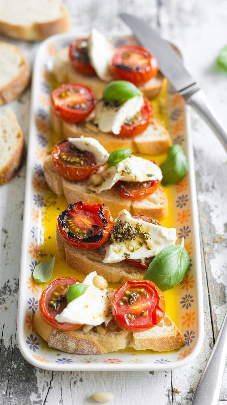 This roasted tomato and burrata dish is a delightful appetizer that showcases the rich flavors of slow roasted tomatoes and burrata cheese.