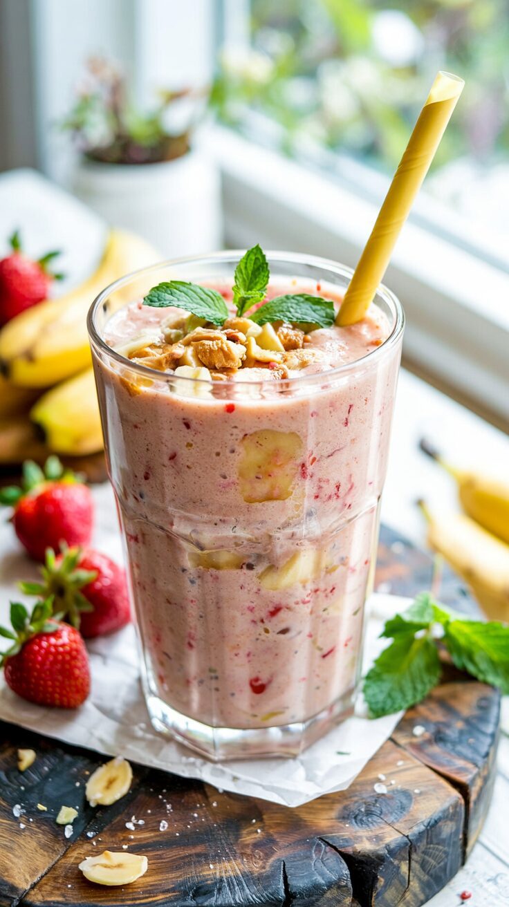 The strawberry banana peanut butter smoothie is a nutritious drink that combines the sweetness of strawberries and banana with peanut butter.