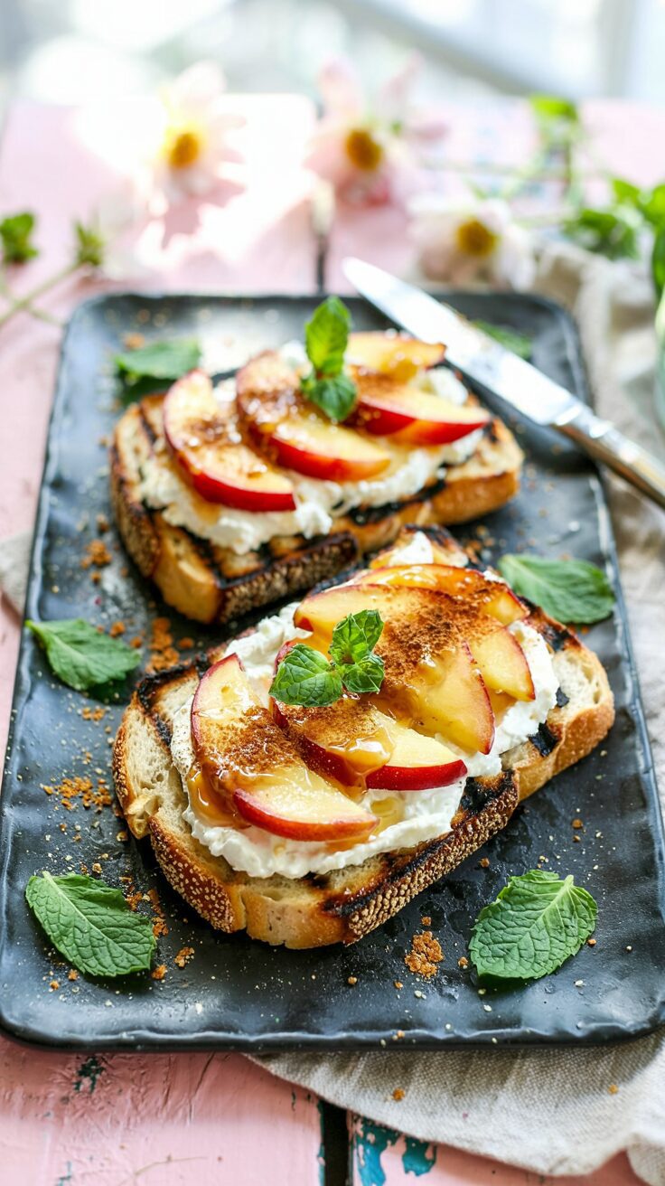 This sweet nectarine ricotta toast is a delightful and delicious combination of creamy ricotta cheese and fresh, juicy nectarines.