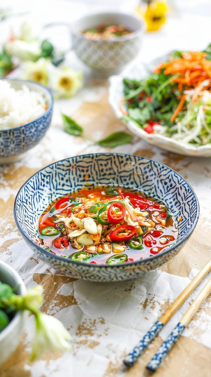 Nuoc Cham is a traditional Vietnamese dipping sauce that perfectly balances sweet, sour, and savory flavors.