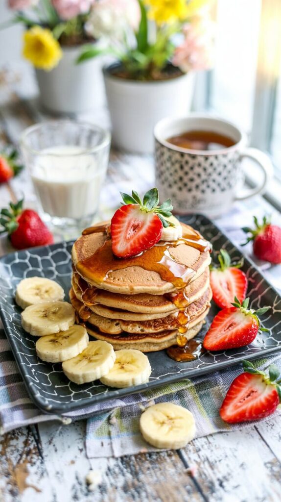 These strawberry banana protein pancakes are a nutritious breakfast option that combines the flavors of ripe bananas and fresh strawberries.