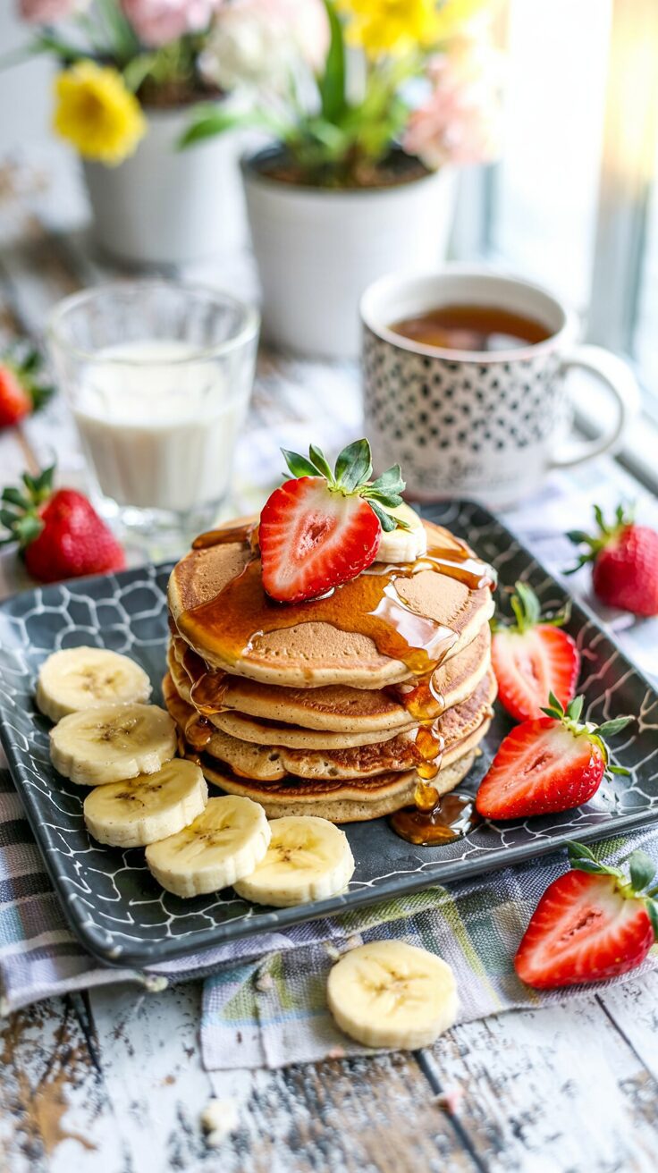 These strawberry banana protein pancakes are a nutritious breakfast option that combines the flavors of ripe bananas and fresh strawberries.