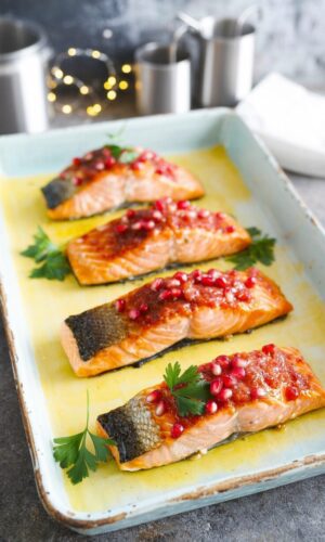 This pomegranate glazed salmon recipe features a delicious combination of sweet and tangy flavors, making it a perfect dish for any occasion.